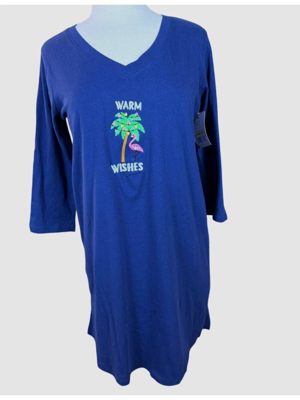 Pillow Talk Nightshirt Blue Embroidered  Holiday Palm Tree & Flamingo Med NWT